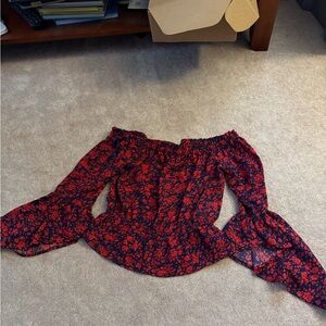 Express Red and Black Floral Off-Shoulder Blouse